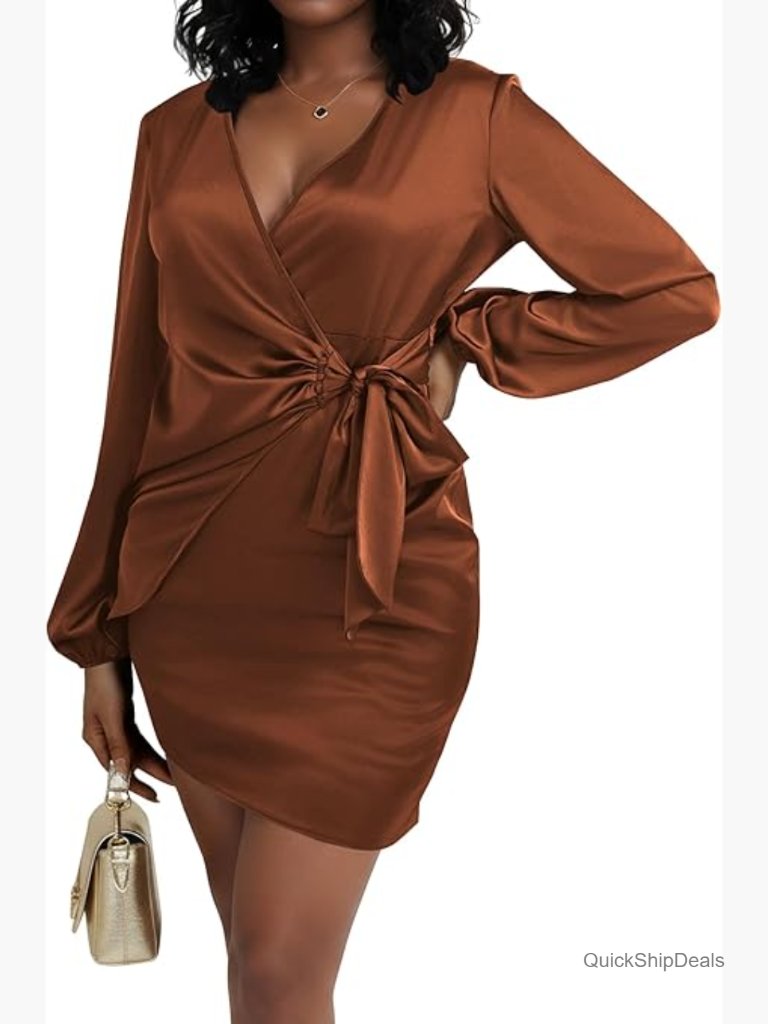 Satin Silky Wrap V Neck Tie Waist Long Sleeve Mini Dress
